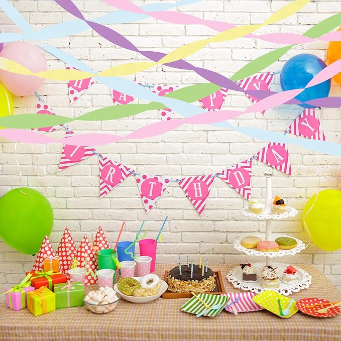 Pastel Crepe Paper Streamers Birthday Party Decorations- Pastel Pink Purple Blue Yellow Green Multicolor Streamers(5 Rolls) for Whimsical Fancy Cartoon Blue Dog Pink Pig Unicorn Bear Ice Cream Party