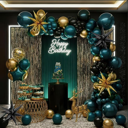 Chrome dark Teal and gold black Balloon Garland Kit 170Pcs Double-Stuffed Navy Teal Blue With Starburst Balloons for Birthday Luxury shop happy grad eve decorations 2025