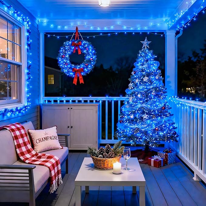 JMEXSUSS Blue Christmas String Lights Indoor Outdoor, 66ft 200 LED Blue String Lights Clear Wire Plug in, 8 Modes Waterproof Christmas Lights for Halloween Tree Party Bedroom Wall Christmas Decoration