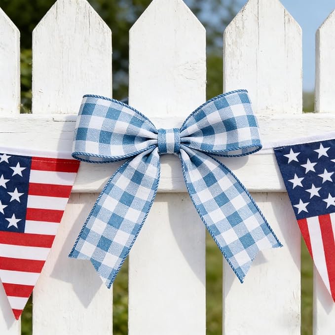 Meseey 4 Inch x 10 Yards Blue White Buffalo Check Wired Ribbon, Farmhouse Wired Edge Ribbon for Large Wreaths, Big Bows, Gift Wrapping, Patriotic & Everyday Home Decor