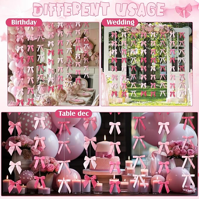 Taobary 8 Pcs 6.6 ft Bow Garland, Satin Ribbon Bow Banner Coquette Hanging Ornament for Photo Backdrop Birthday Party Wedding Bridal Baby Shower Wall Decorations(Bright Pink,Mix Size)