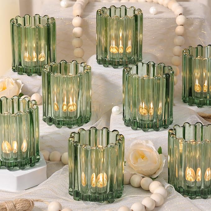 HAVITI Glass Green Votive Candle Holder, Ribbed Votive Candle Holders Set of 12, Tealight Candle Holder for Wedding Centerpieces Dinner Party Table Decor