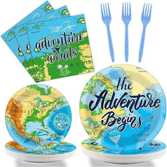 Wiooffen 96 Pcs Adventure Awaits Party Supplies Travel Map Birthday Plates Napkins Forks for Birthday Retirement Going Away Bon Voyage Paper Tableware Set Adventure World Party Decorations 24 Guests