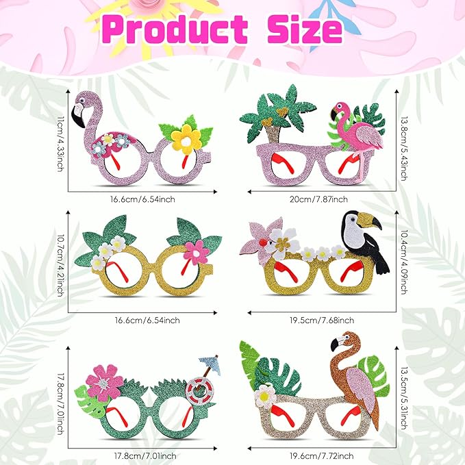 6 Pcs Hawaiian Luau Party Glasses Decor - Glitter Tropical Sunglasses Frames, Novelty Costume Eyeglasses Photo Props for Adults, Fun Summer Beach Party, Pool Party, and Vacation Decorations