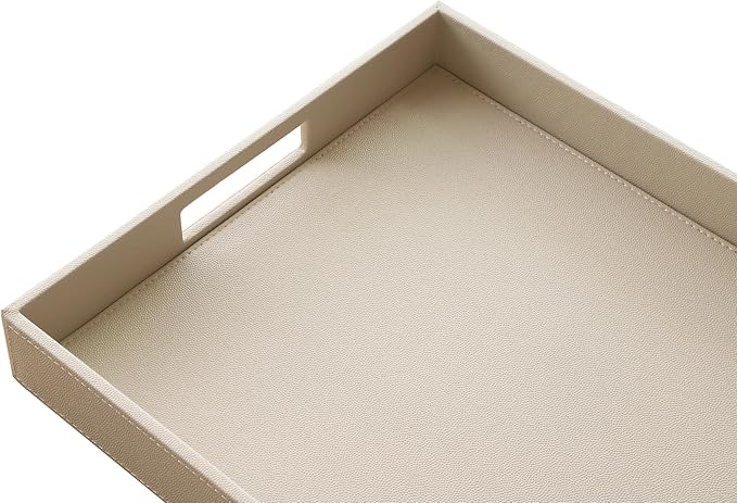 HofferRuffer Rectangle Serving Tray with Hole Handles for Coffee Table, Breakfast, Tea, Food, Butler - Countertop, Kitchen, Vanity Serve Tray, 16.2 x 12.2 x 2 inches, Faux Leather (Dark CreamWhite)