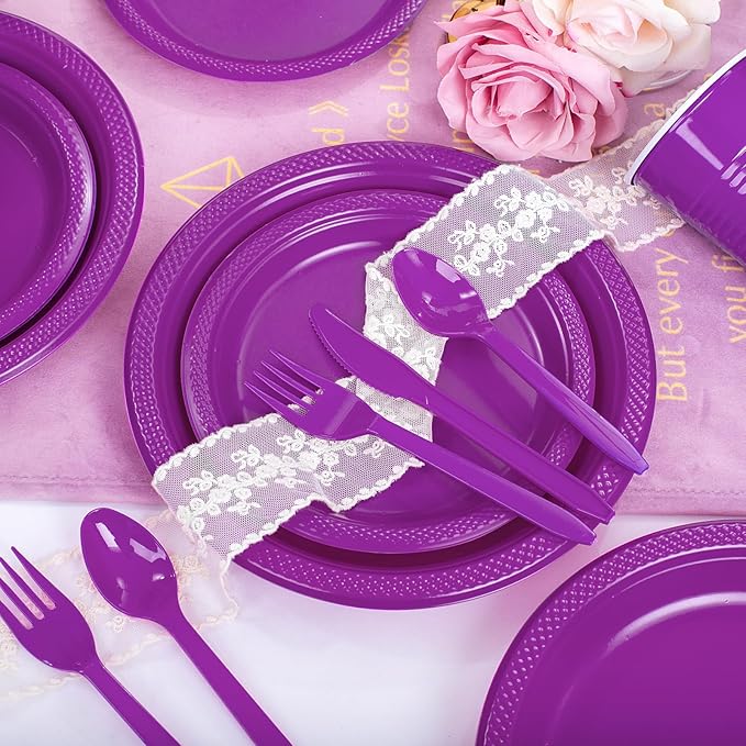 WELLIFE 210Pcs Purple Plastic Dinnerware Set, Party Supplies Including Party Plates and Cups and Napkins Sets for 30 Guests, Purple Plastic Plates
