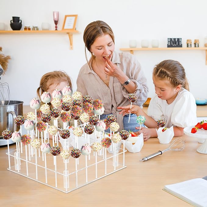 Cake Pop Stand, 3 Tier Square Lollipop Holder with 300 Pcs Accessories, Clear Acrylic Cakepop Display Stand 56 Holes for Birthday, Wedding, Party, Halloween, Christmas Candy Decorative