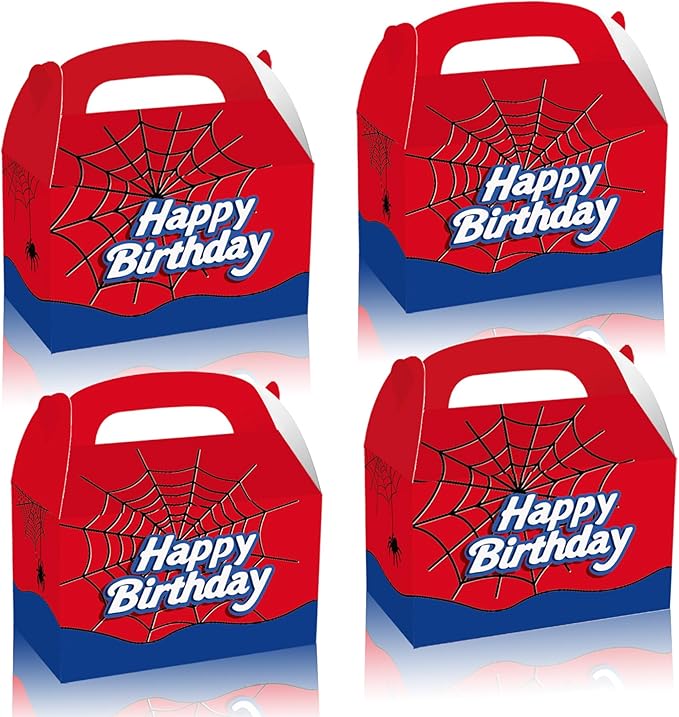 FLOLUVZ 16 PCS Spider Birthday Party Favor Treat Boxes, Spider Goodie Boxes Gift Bags, Gable Candy Box for Cartoon Themed Birthday Party Supplies Decorations