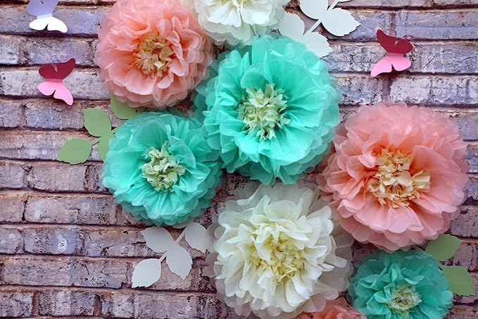 Fonder Mols Tissue Paper Chrysanth Flowers with Butterfly and Olive Leaves for Wedding Baby Shower Nursery Room Parties & Events Decorations Pom Poms (Cream Peach Mint)