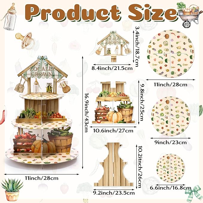 Locally Grown Baby Shower Cupcake Stand - 3 Tier Farmers Market Theme Cupcake Holder Vegetable Fruit Garden Baby Shower Dessert Cake Tower Displays for Kids Birthday Gender Reveal Party Decor