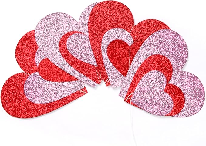 Galentines Valentines Party-Decorations Heart Garland - 6pcs Glitter Pink Red Love Hanging Streamers,Romantic Special Night Baby Shower Wedding Anniversary Ceiling Banner Backdrop Decor Burgleda