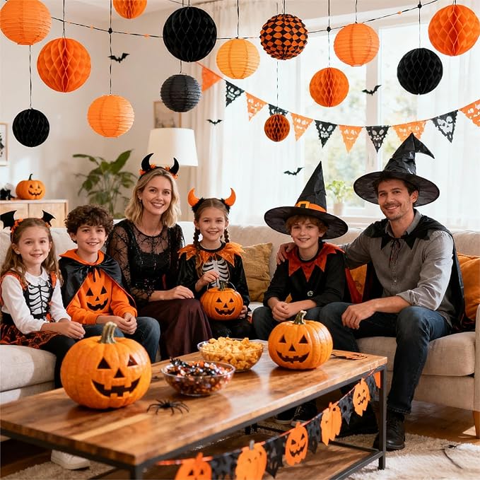 ZOOYOO 12Pcs 6" 10" Honeycomb Balls Decorations Hanging Tissue Paper Pom Poms for Halloween Graduations Birthday Wedding Fall Party Thanksgiving Decorations(Orange Black)