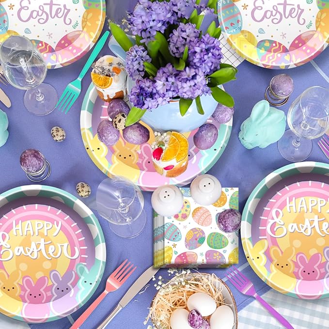 96 Pcs Easter Party Supplies Easter Plates and Napkins Set Colorful Eggs Birthday Party Decorations Tableware for Kids Bunny Spring Birthday Decorations, Serve 24