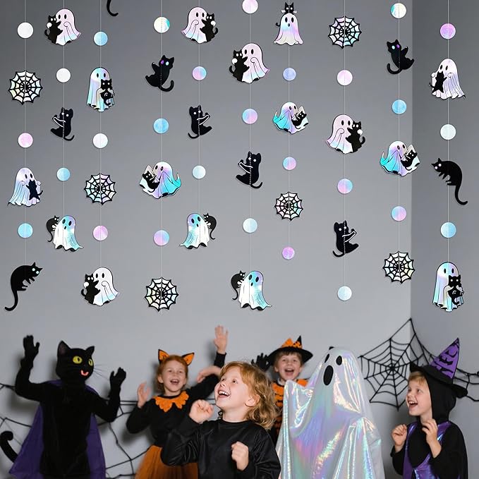 Iridescent Black Halloween Decorations Holographic Ghost Black Cat Spider Web Polka Dot Paper Hanging Garland Streamer Banner for Halloween Birthday Baby Shower Bachelorette Wedding Party Supplies