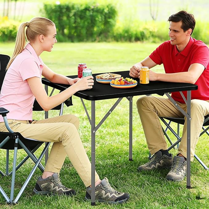 34 Inch Square Folding Card Table - Heavy Duty HDPE Plastic, Fold-in-Half Design with Carry Handle. Indoor Outdoor Portable Utility Table for Picnic, Camping, Party, Dining & Tailgating (Black) ﻿