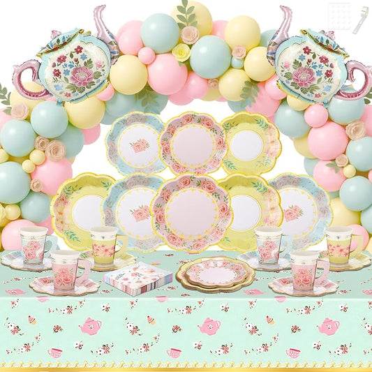 FoldTier 174 Pcs Tea Party Decorations and Supplies for 12 Guests, Floral Disposable 7" and 9" Paper Plates, Paper Cups, Napkins, Tablecloths, Balloons for Floral Birthday Party Wedding Baby Shower