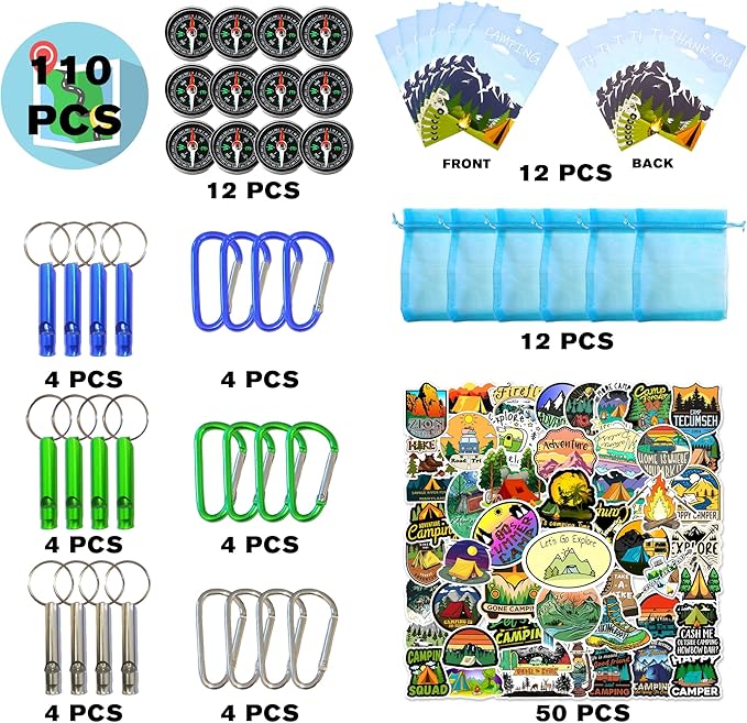 110PCS Camping Happy Birthday Party Favors Gift Bag Kits with Camp Compass, Hiking Whistles Keychain Carabiner, Camping Stickers Decorations for Outdoor Camper Nature Adventure Exploration Supplies