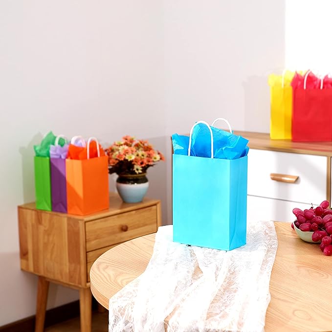 24 Pieces Kraft Paper Party Favor Gift Bags with Handle Assorted Colors (Rainbow)