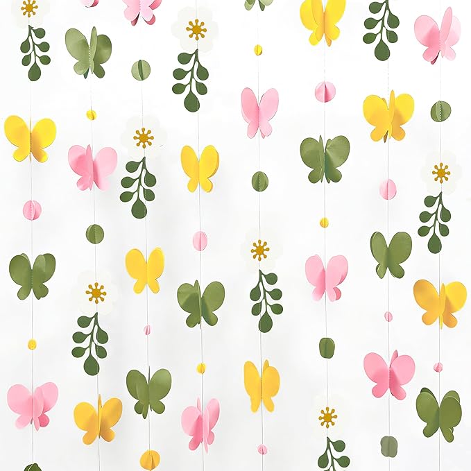 Spring Decorations Flowers 3D Butterflies Dots Garland Green Pink Yellow Hanging Paper Streamer for Spring Birthday Baby Shower Mother's Day Wedding Bridal Shower Tea Party Decorations Supplies