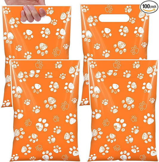 Pasimy 100 Pcs Dog Paw Gift Bags Bulk Pet Paw Puppy Plastic Treat Favor Candy Goodie Bags with Handle for Dog Birthday Party Decoration Supplies(Orange)