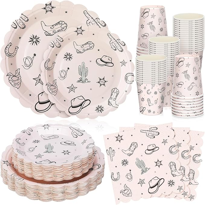 Domensi 250 Pcs Western Cowboy Party Decorations Cowboy Paper Plates Napkins and Cups Serve 50 Wild West Disposable Tableware Set for Rodeo Birthday Baby Shower Party Supplies Decoration