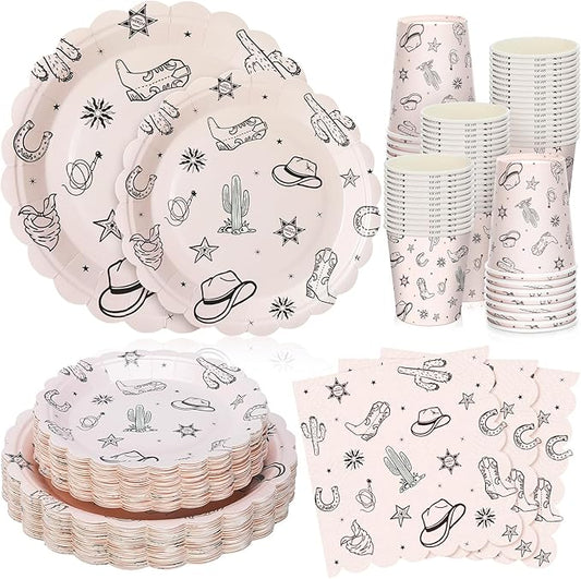 Domensi 250 Pcs Western Cowboy Party Decorations Cowboy Paper Plates Napkins and Cups Serve 50 Wild West Disposable Tableware Set for Rodeo Birthday Baby Shower Party Supplies Decoration
