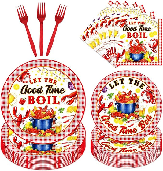 Gameza Seafood Boil Party Supplies - 96PCS Seafood Boil Party Plates and Napkins Forks Tableware Disposable Set, Crawfish Crab Shrimp Summer Birthday Decor Supplies, Serve 24