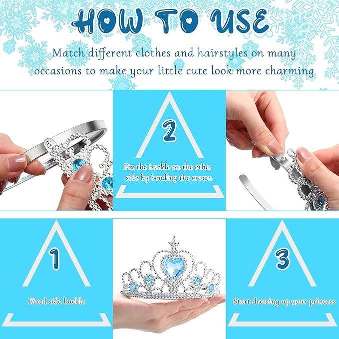 Chalyna 12 Pcs Princess Crowns Tiara Wand for Little Girl Silver Heart Jewel Plastic Tiara Winter Gift for Birthday(Blue,Snowflake Style)