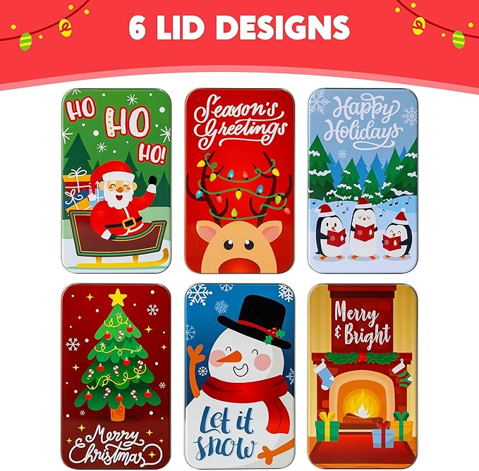 JOYIN 6PCS Gift Card Holder Boxes Christmas, 4.33” x 2.6” x 0.6” Tins Money Cash Holders Unique for Xmas Holiday Birthday Present Decor, Party Favors Silver Coin Boxes with Lids in 6 Designs