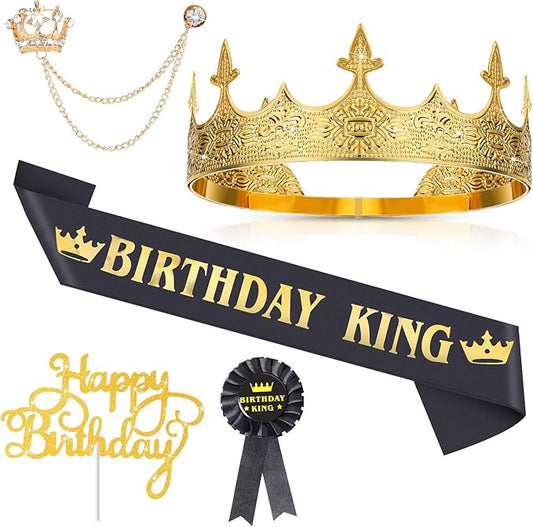 Junkin 5 Pieces Birthday Man Accessories Include King Crown King Sash Tinplate Badge Pin Brooch Hanging Chain Crown for Man Birthday Party(Fresh Style,Large)