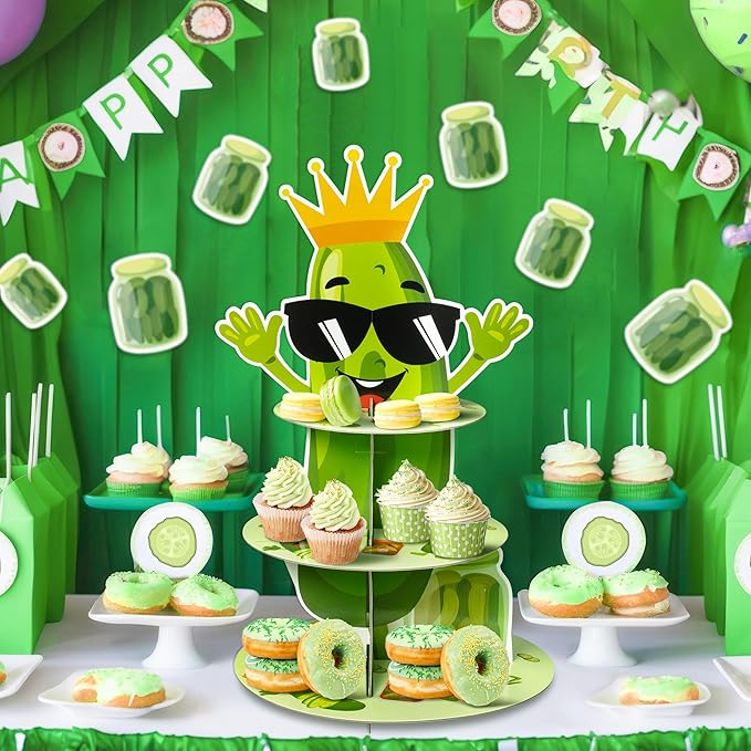 Haooryx Pickle Party Cake Stand - 3 Tier Green Cucumber Cupcake Tower Cardboard Dessert Table Holder Pastry Platter Kid Pickle Birthday Decorations Summer Baby Shower Cake Pop Display Stand Decorating