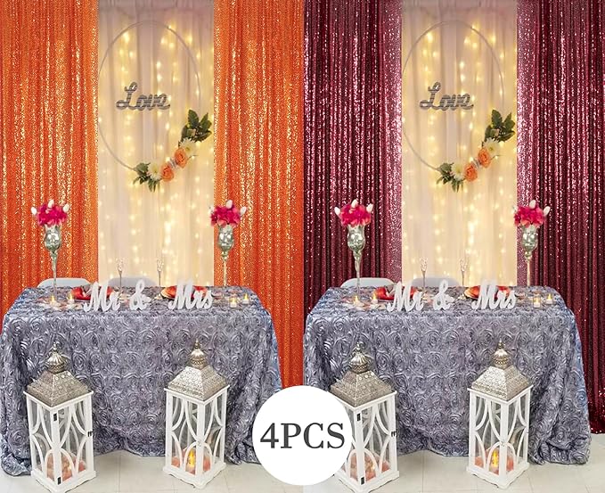 DUOBAO 4 Panels 2x8ft Orange & Burgundy Sequin Backdrop | Sparkle Photography Drape | Seamless Shiny Wall for Weddings, New Year and Events