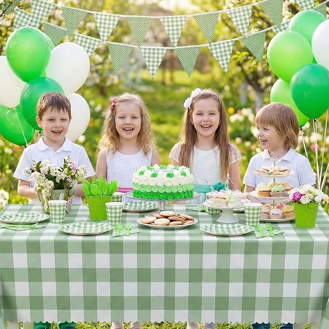 3 Pack Sage Green Gingham Tablecloths, 54 X 108Inch Scalloped Green and White Checkered Tablecloth Disposable Party Table Cover for Baby & Bridal Shower Picnic Camping Birthday Barbecue Wedding Party