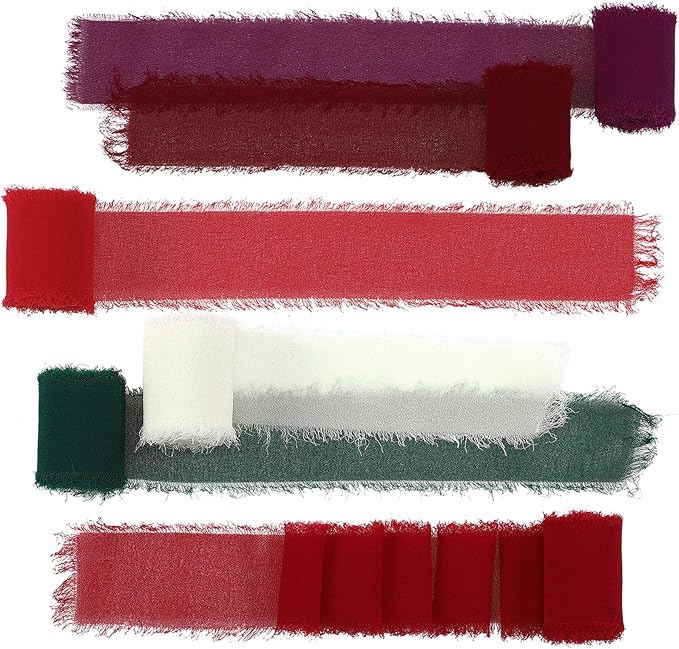 6 Rolls Handmade Fringe Chiffon Silk Ribbon 1.5" x 3 Yd Colorful Ribbon for Wedding Invitations, Bridal Bouquets, Gifts Wrapping, DIY Crafts (Red and Green Set)