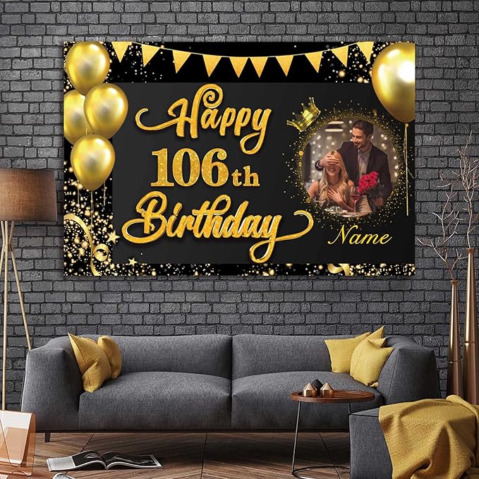 Custom Happy 106th Birthday Decorations Banner -106 Years Old Birthday Decorations Backdrop for Women Men Boys Girls - Personalization Happy 106th Birthday Party Decorations Supplies - Black and Gold