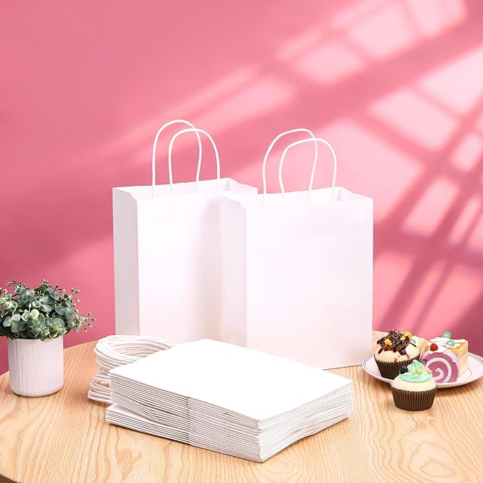 SUNCOLOR White Kraft Paper Gift Bags with Handles, 25 Pack, Medium 8x4.5x10 Inches, Sturdy Recyclable Shopping Bags for Party Favors, Retail, Weddings, and DIY Branding