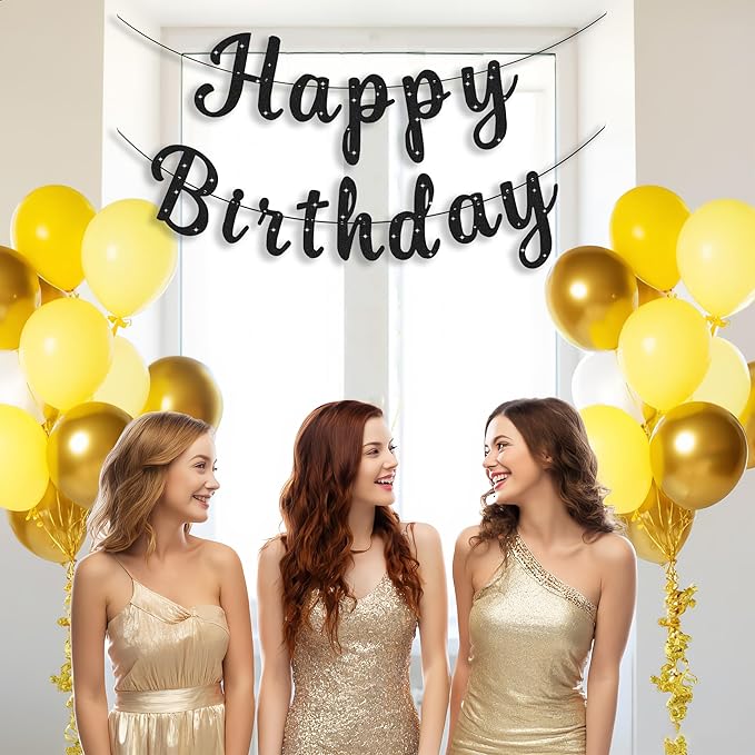Black Happy Birthday Banner Signs Glitter Happy Birthday Sign Garlands for Women Men Birthday Party Decorations Supplies