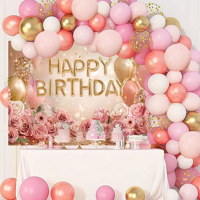Mocsicka Rose Gold Birthday Backdrop Pink Balloon Floral Decorations for Women Girls Gold Anniversary Party Photography Background (Rose Gold, 120 x 96 Inch)