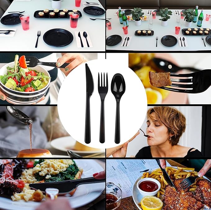 PARTY BARGAINS Onyx Settings Black Plastic Cutlery Set 720‑Piece – 360 Forks, 240 Spoons, 120 Knives – Heavy‑Duty Disposable Utensils for Parties, Weddings, Buffets, BBQs & Catering – BPA Free