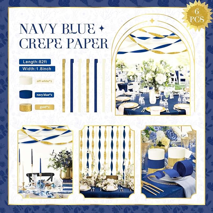 NICROLANDEE Navy Blue Party Decorations - 6 Rolls Navy Blue Gold Ivory Crepe Paper Streamers Tassels Paper for Graduation Party Bridal Shower Wedding Birthday Supplies