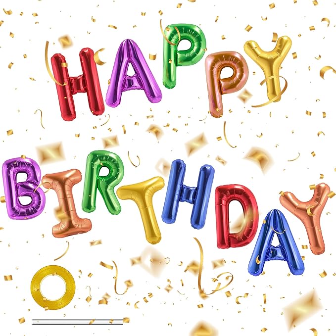 CANREVEL Happy Birthday Banner 13pcs 16 Inch Mylar Foil Letters Balloons Birthday Party Decorations for Kids and Adults - 3D Rainbow
