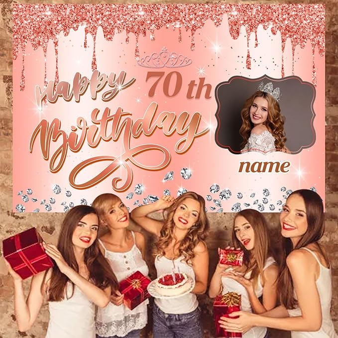 Dicodes Customizable Rose Gold Happy 70th Birthday Decoration Banner - Personalized with Name and Photo(70th)