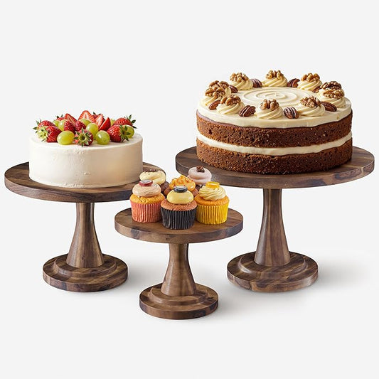 Tidita Set of 3 Acacia Wooden Cake Stand - 3PCS Wedding Cake Stand (8"/10"/12" Plate), Outdoor Wood Pedestal Stand for Parties, Restaurants, Birthday - Decorating Cake, Dessert Display (Walnut color)