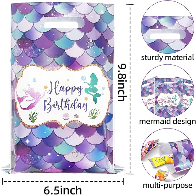 DaiUni 30 PCS Mermaid Birthday Goodie Bags Party Favor Bags Treat Bag with Handles for Kids Girls Mermaid Birthday