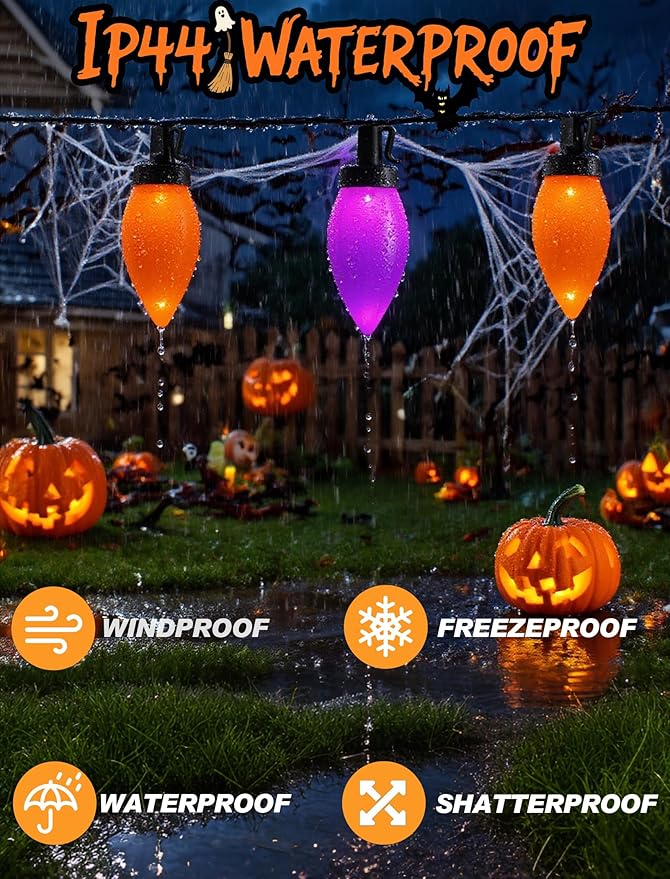 C9 Halloween String Lights Outdoor, 26.4Ft C9 Halloween Decorations with 50 LED Orange and Purple Lights, Extendable Hanging Plug in Christmas Night Lights for Party, Patio, Outside Yard, House Decor