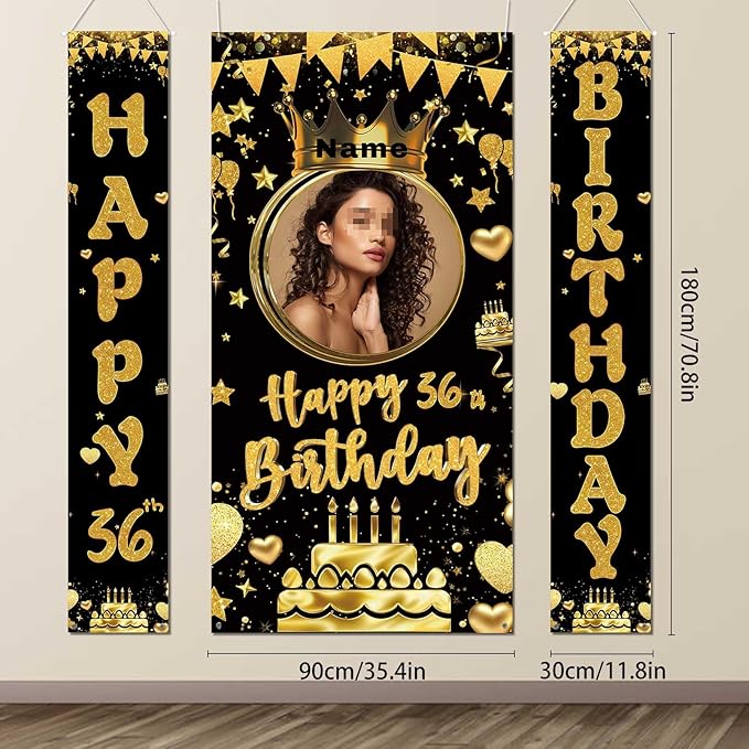 Custom Photo Birthday Banner Set Personalized Name Door Banners Fabric Backdrop Birthday Decorations Party Supplies Background for Indoor Outdoor Front Door Sign(Black and Gold)
