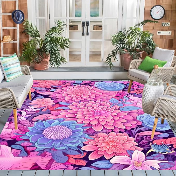 Vibrant Floral Outdoor Rug Modern Flower Texture Rugs for Patio Deck Porch Balcony Waterproof Non Slip Camping Garden Large Outside Carpet Easy Clean Machine Washable Pool Mat Pink Purple 7x12