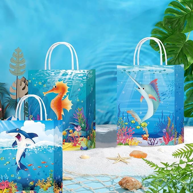 W WINTMING 16PCS Sea Animals Party Gift Bags with Handles Ocean Goodie Bags Under the Sea Party Favor Bags Paper Candy Bags Summer Party Treat Bags Gift Wrap Bags for Birthday Party Decoration