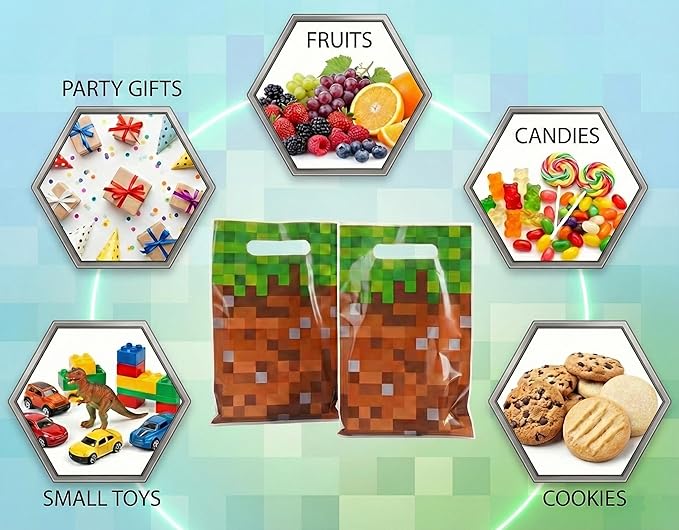 Camtoms 60 pcs Goodie Bags, Party Bags, Gift Bags for Boys Birthday, Party Favors, Treats, Candy, Pixel Style, 6x10 inch