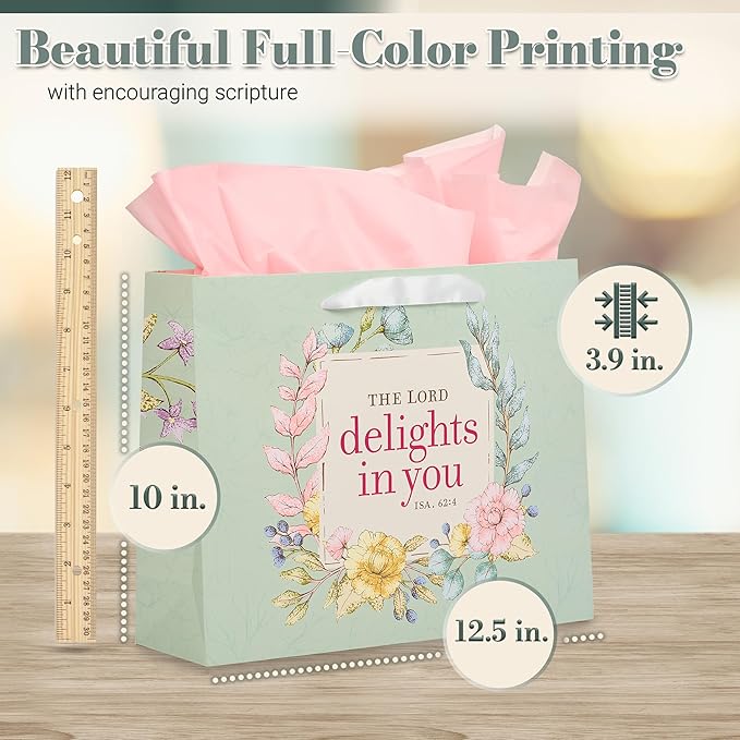 Christian Art Gifts Three Piece Landscape Gift Bag w/Card & Tissue Paper Set for Women: The Lord Delights - Isaiah 62:4 Inspirational Bible Verse, Soft Mint Green & Pink Multicolor Floral, Large